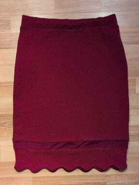 Faith and Joy Burgundy Textured Pencil Skirt with Scallop Hem